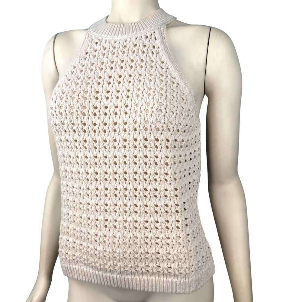 Crochet Tank Top Women Medium Cream High Neck Knit Shell Influencer Beach